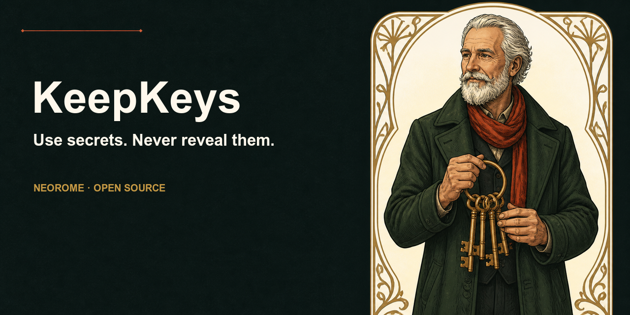 KeepKeys Keykeeper holding a ring of keys beside the words Use secrets. Never reveal them.
